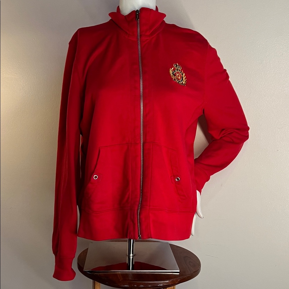 Chaps denim Red Women's large zip up with embroidered Logo